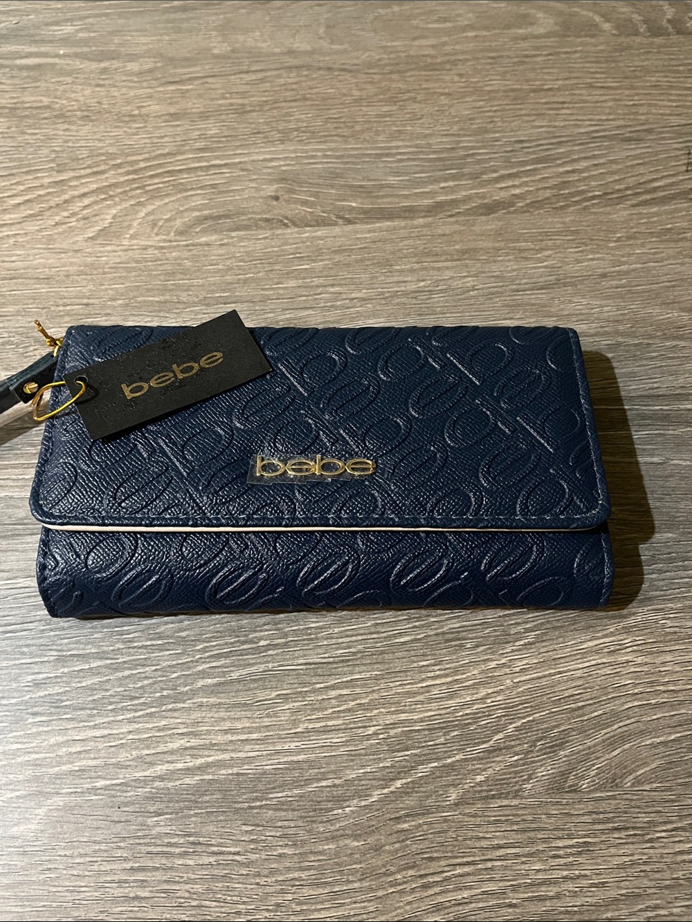 Bebe Navy Embossed Clutch Wallet with Gold Logo NWT